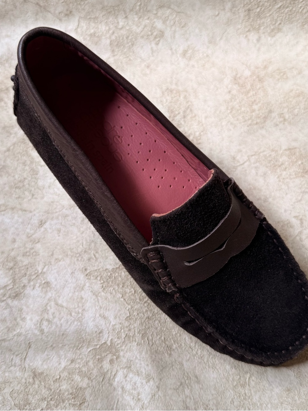 Dark Brown Suede Penny Loafer with Pink Insole